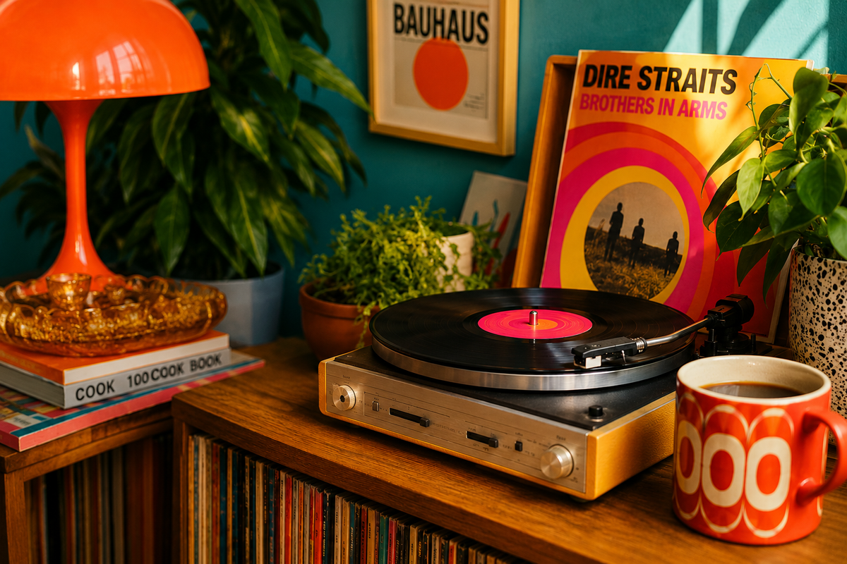 Vintage turntable playing a vinyl record in a colourful retro interior