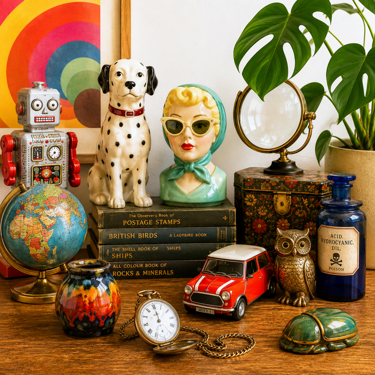 An arrangement of antique items, including a white bust, a green horse statue, and a wooden globe, sits on a wooden table. Two lit candles cast a warm glow over a framed painting and a large ceramic jug.