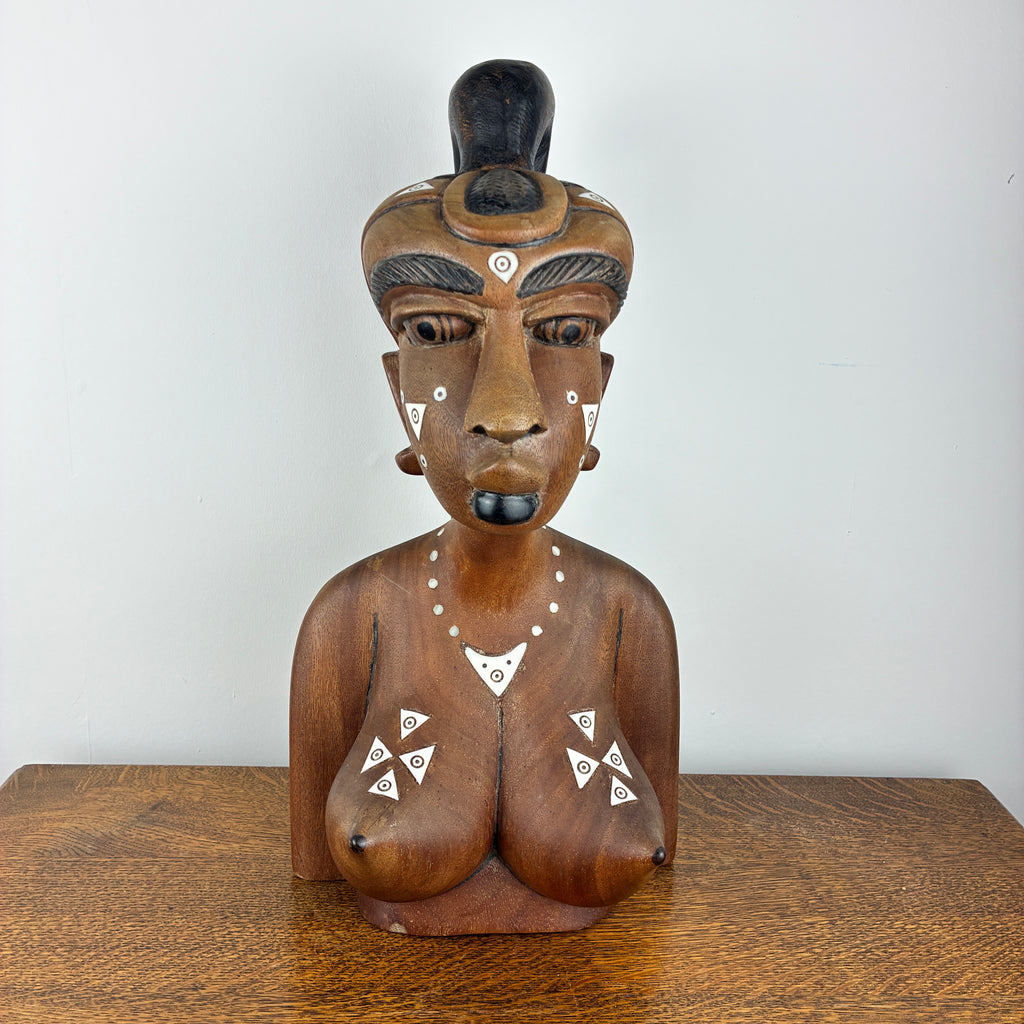 Large Hand Carved African Style Wooden Bust – Tribal Female Sculpture