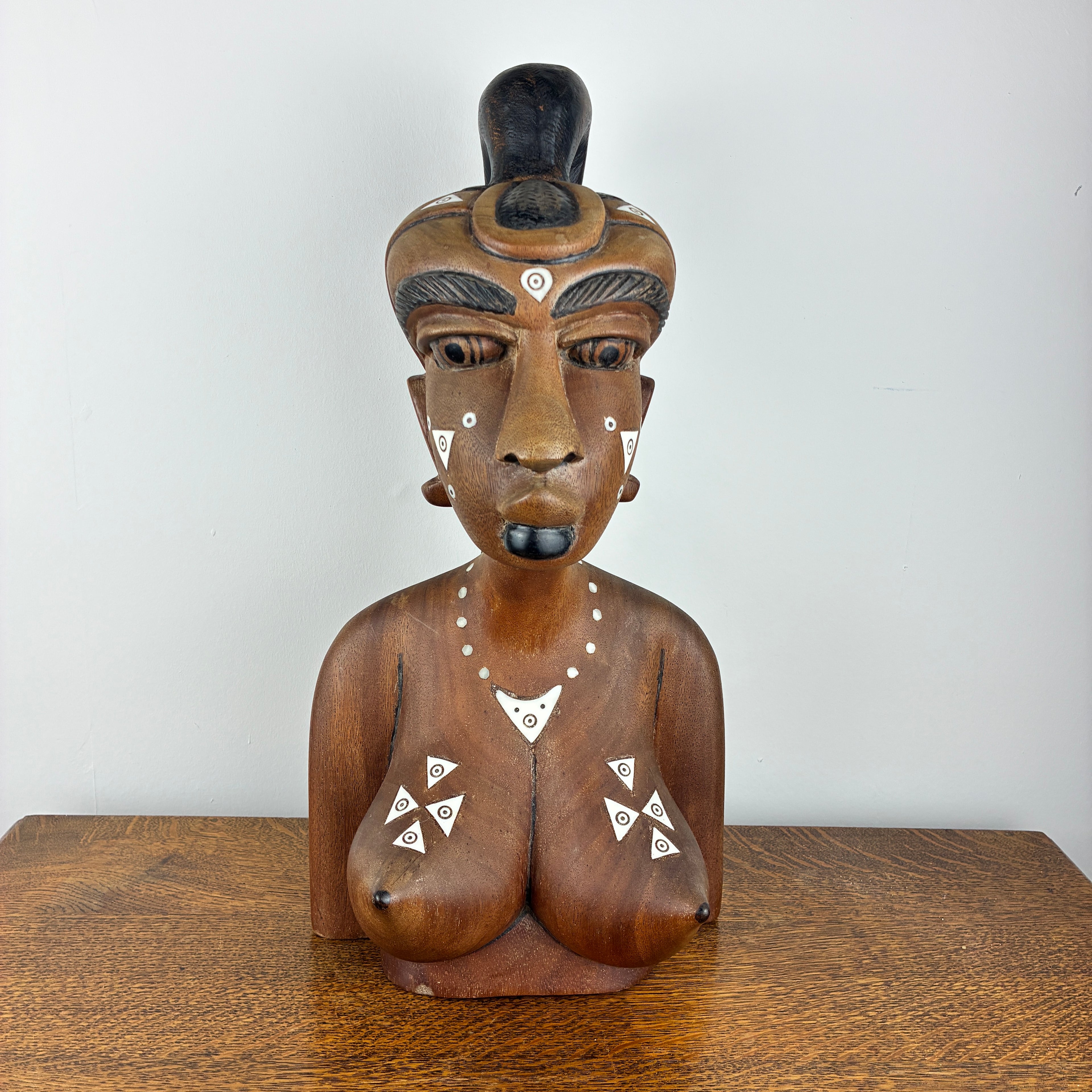 Large Hand Carved African Style Wooden Bust – Tribal Female Sculpture