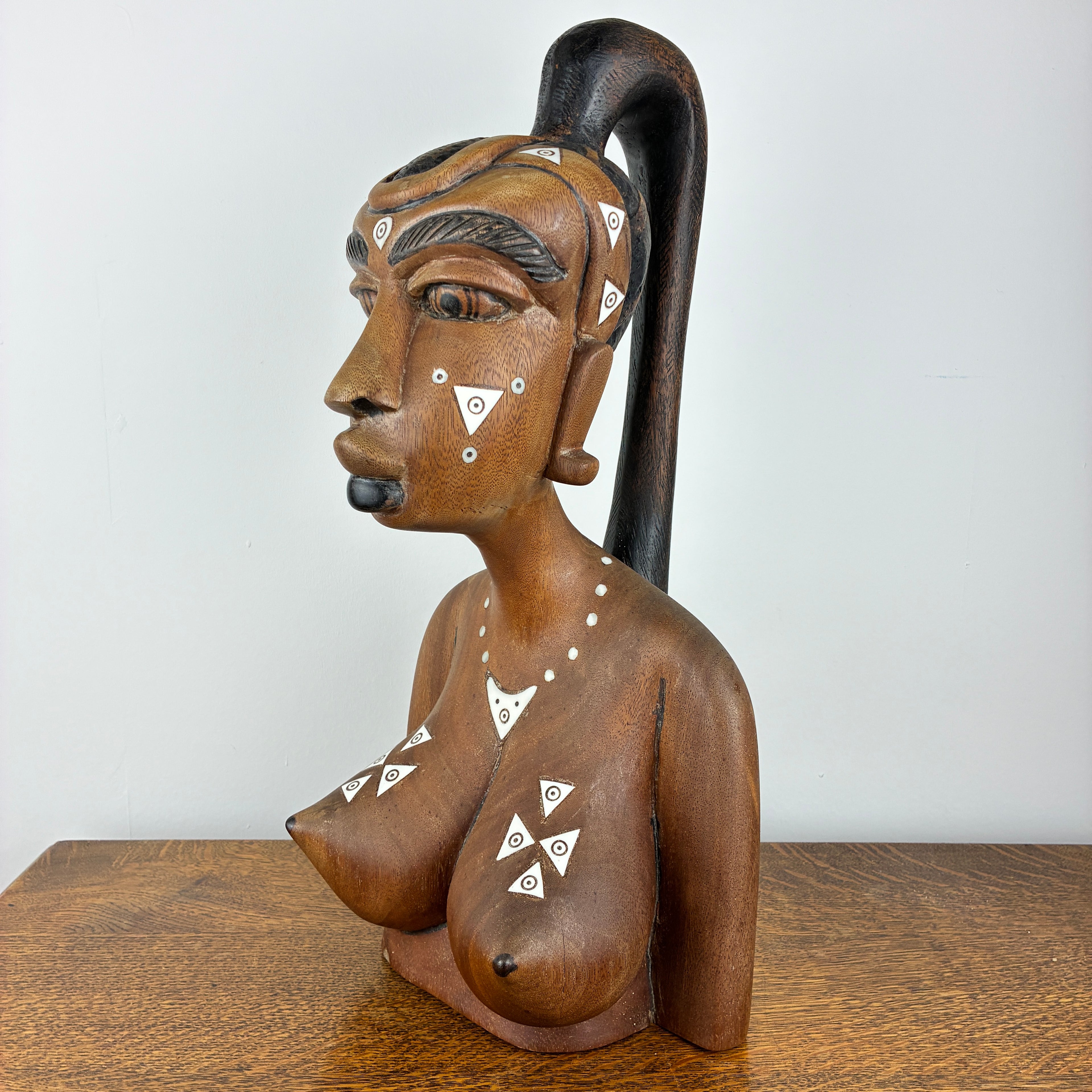 Large Hand Carved African Style Wooden Bust – Tribal Female Sculpture