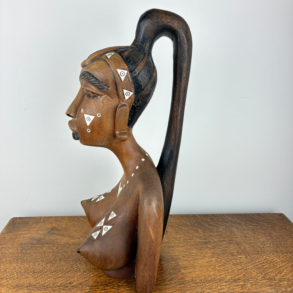 Large Hand Carved African Style Wooden Bust – Tribal Female Sculpture